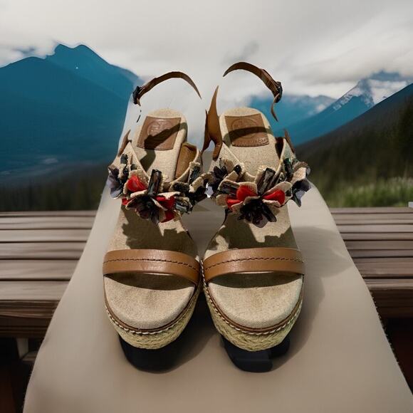 Tory Burch Canvas Leather Espadrille Wedge Sandal Size 8M Beige Brown - Picture 4 of 14
